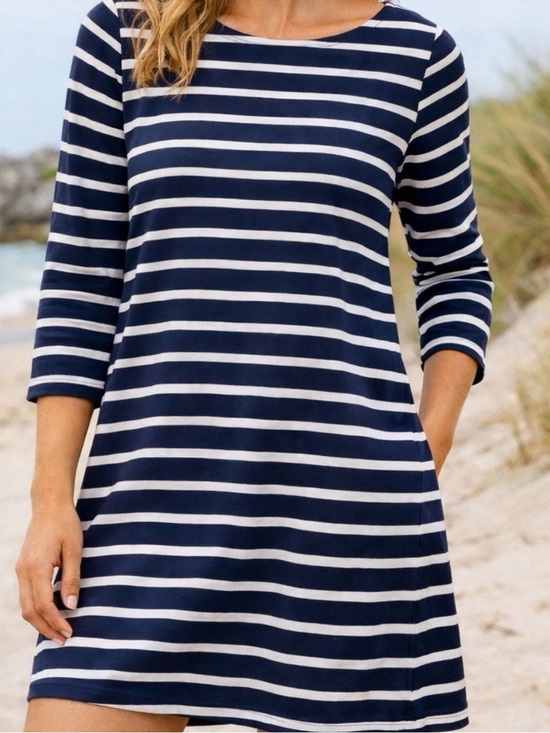 Boden Dresses & Skirts - Boden 100% Cotton Navy & White Striped 3/4 Sleeve Nautical Knit Dress (L)